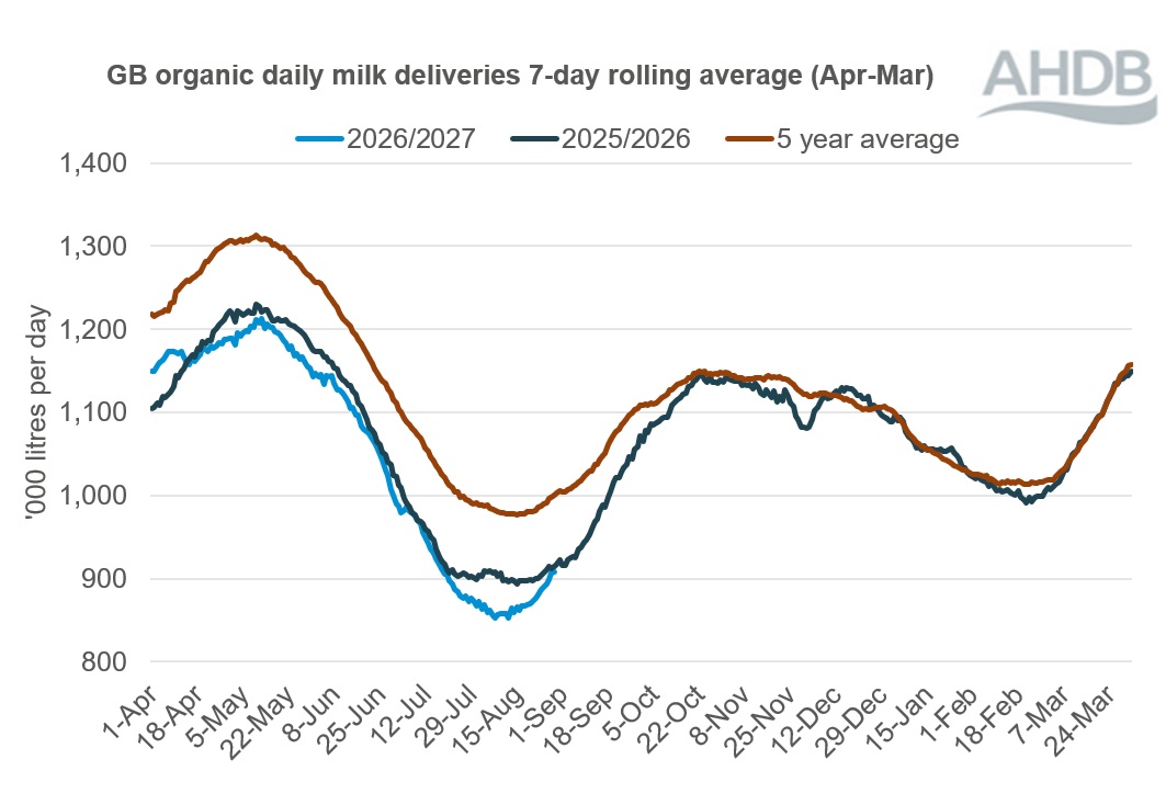 260829_Line graph showing daily GB deliveries of organic milk over a 12-month period up to 29 August